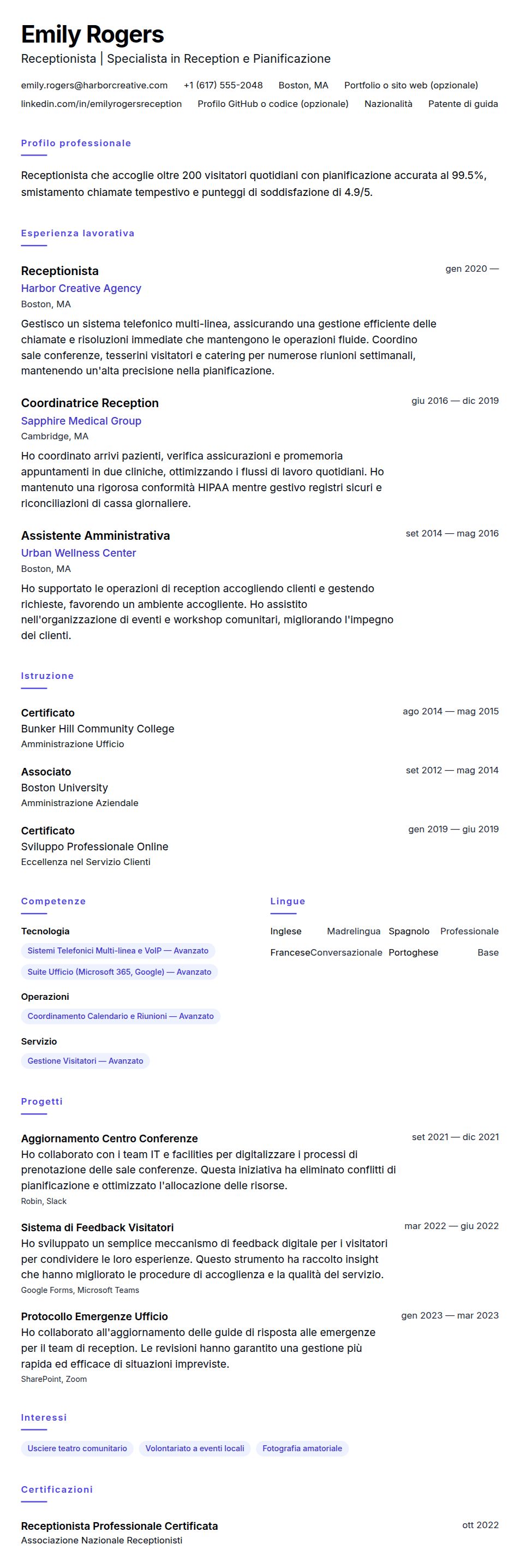 Anteprima del curriculum Esempio di Curriculum Vitae per Receptionista
