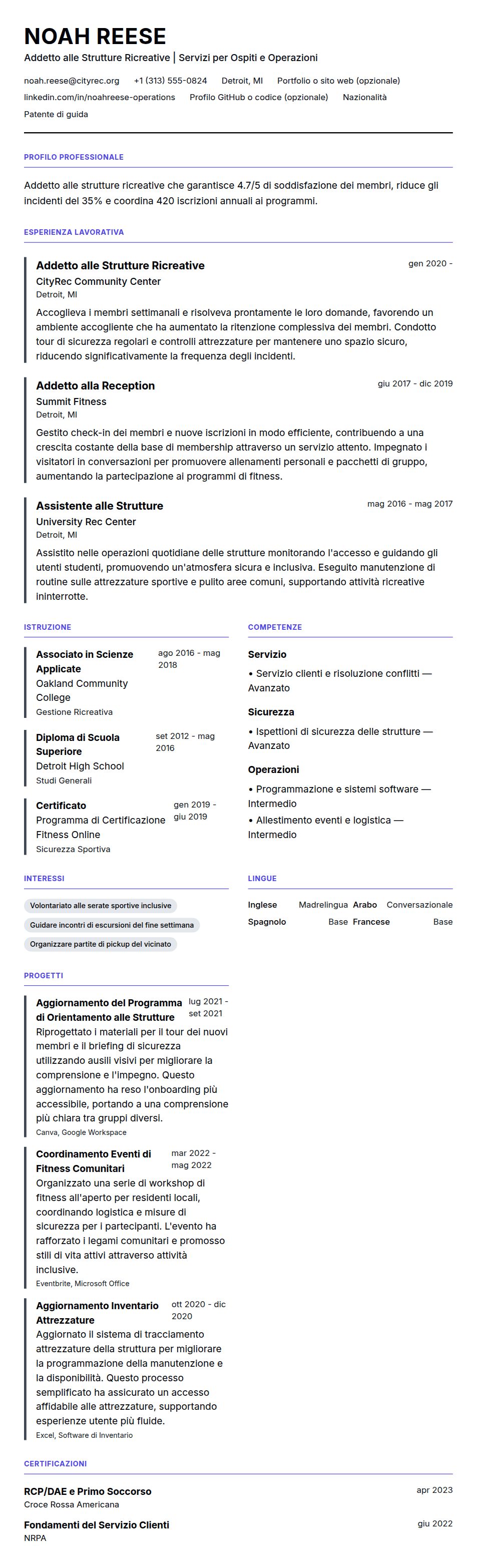 Anteprima del curriculum Esempio di Curriculum per Addetto alle Strutture Ricreative