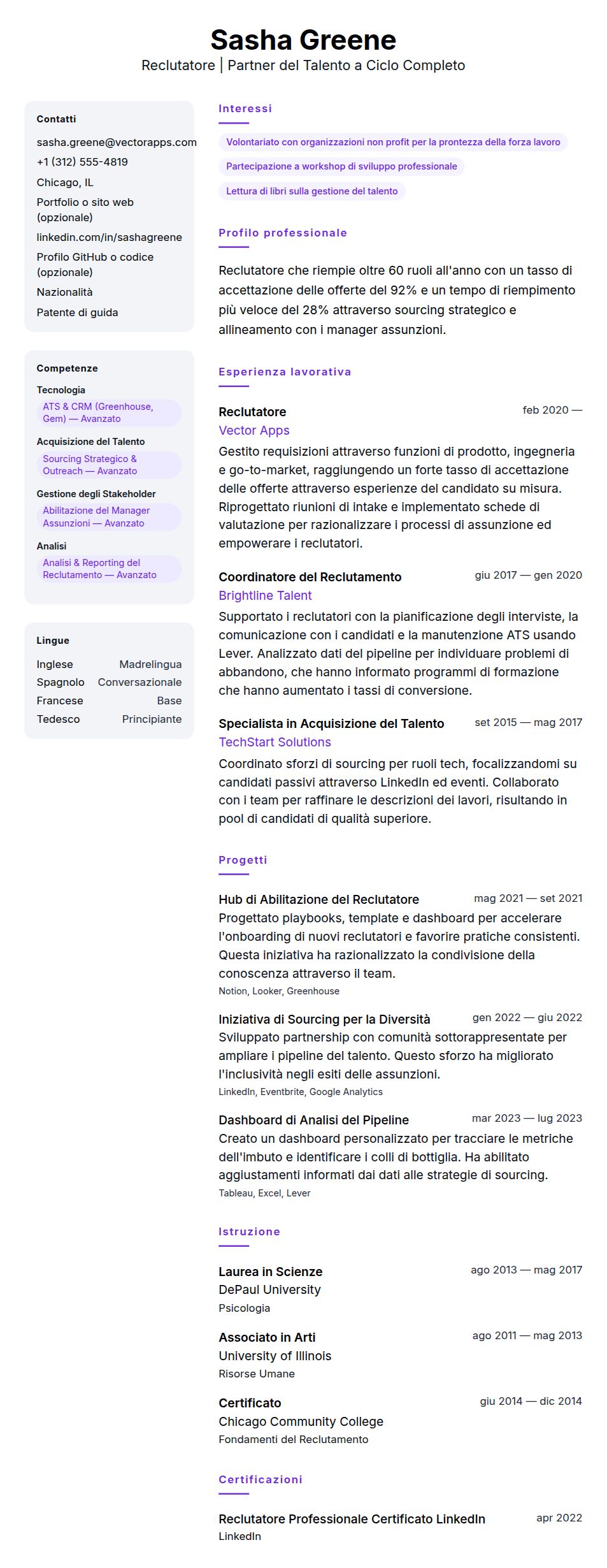 Esempio di Curriculum Reclutatore