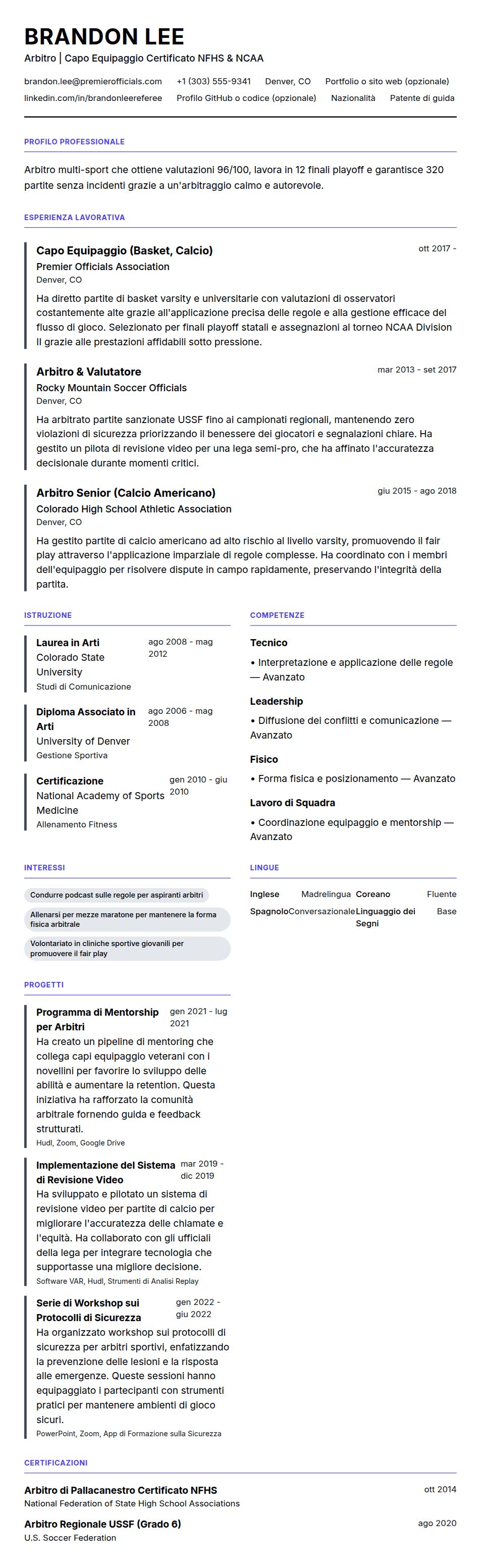 Anteprima del curriculum Esempio di Curriculum Arbitro