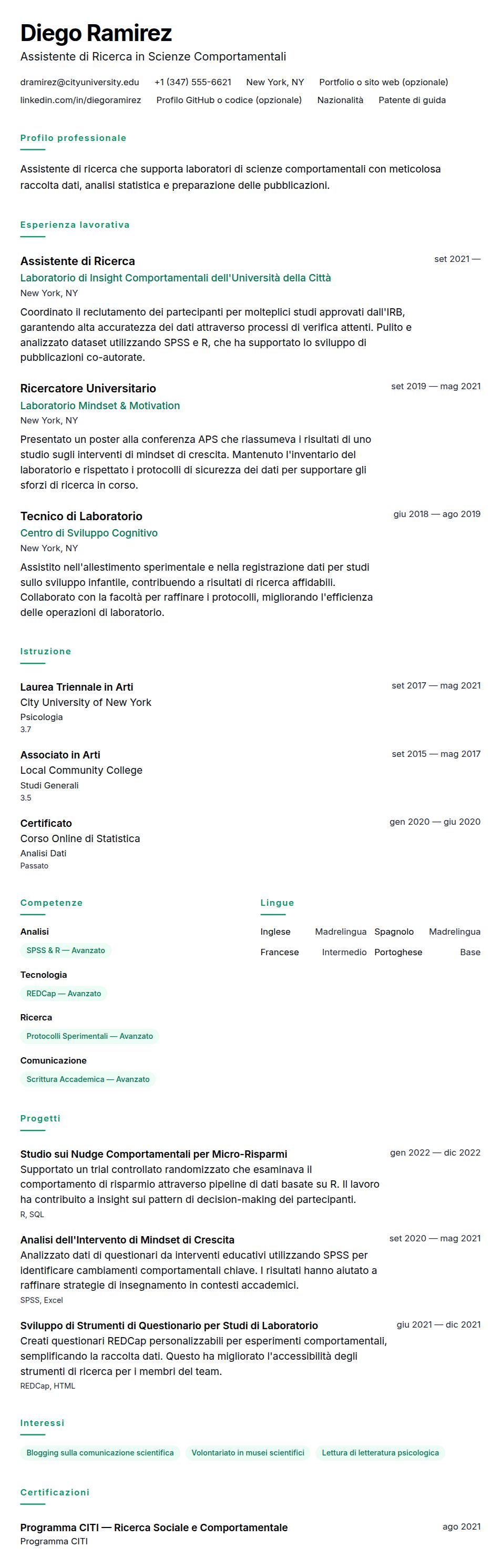 Anteprima del curriculum Esempio di Curriculum Vitae per Assistente di Ricerca