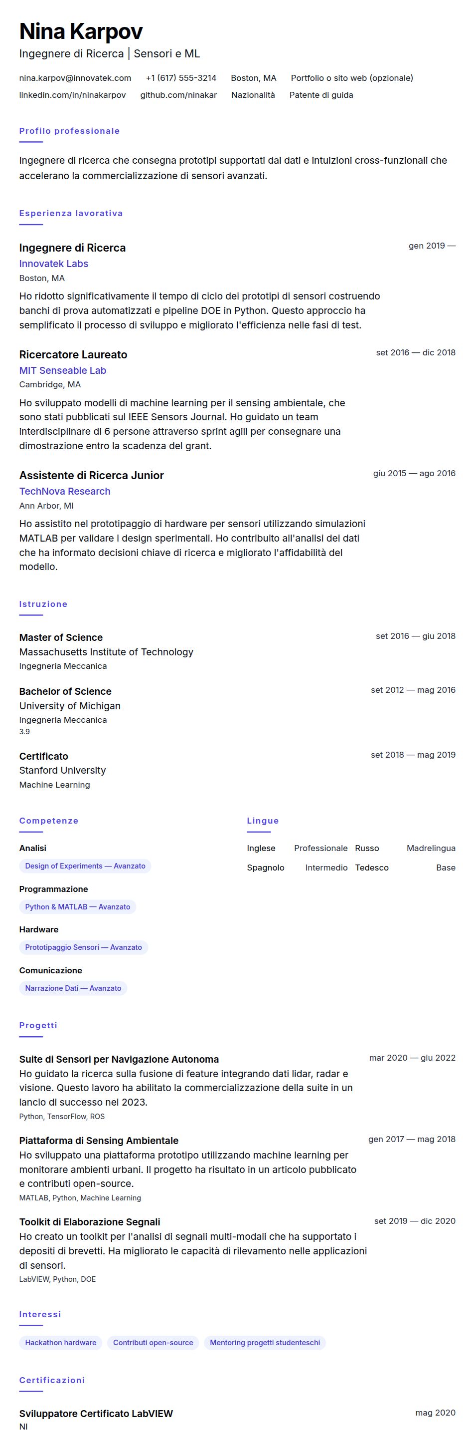 Anteprima del curriculum Esempio di Curriculum Vitae per Ingegnere di Ricerca