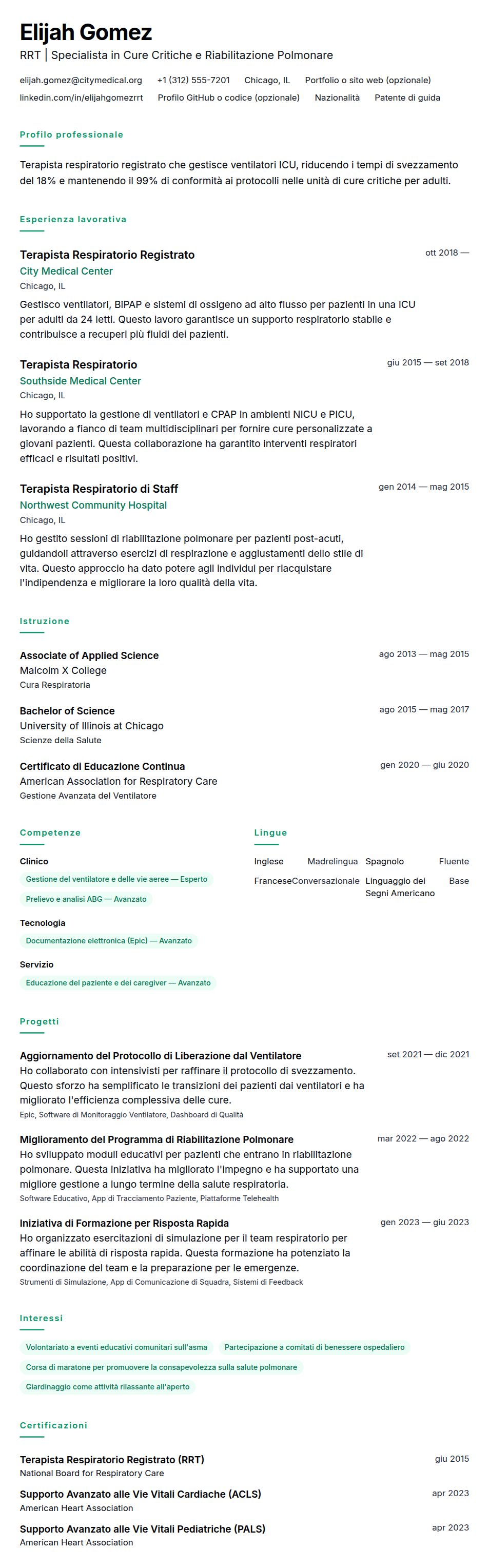 Anteprima del curriculum Esempio di Curriculum Vitae per Terapista Respiratorio