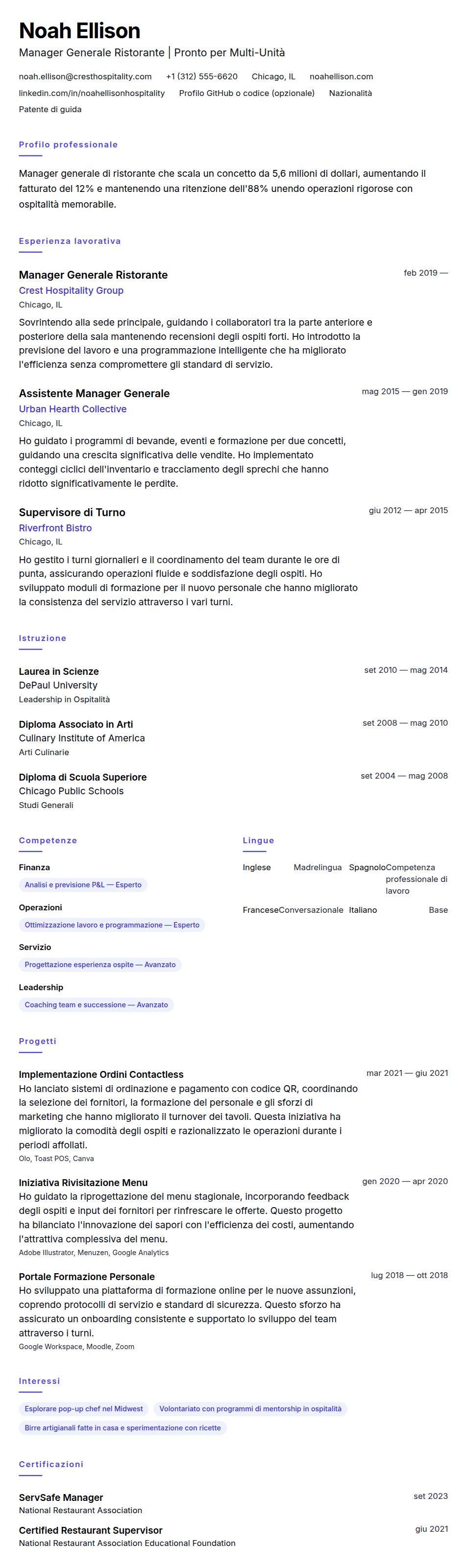 Anteprima del curriculum Esempio di Curriculum Manager di Ristorante