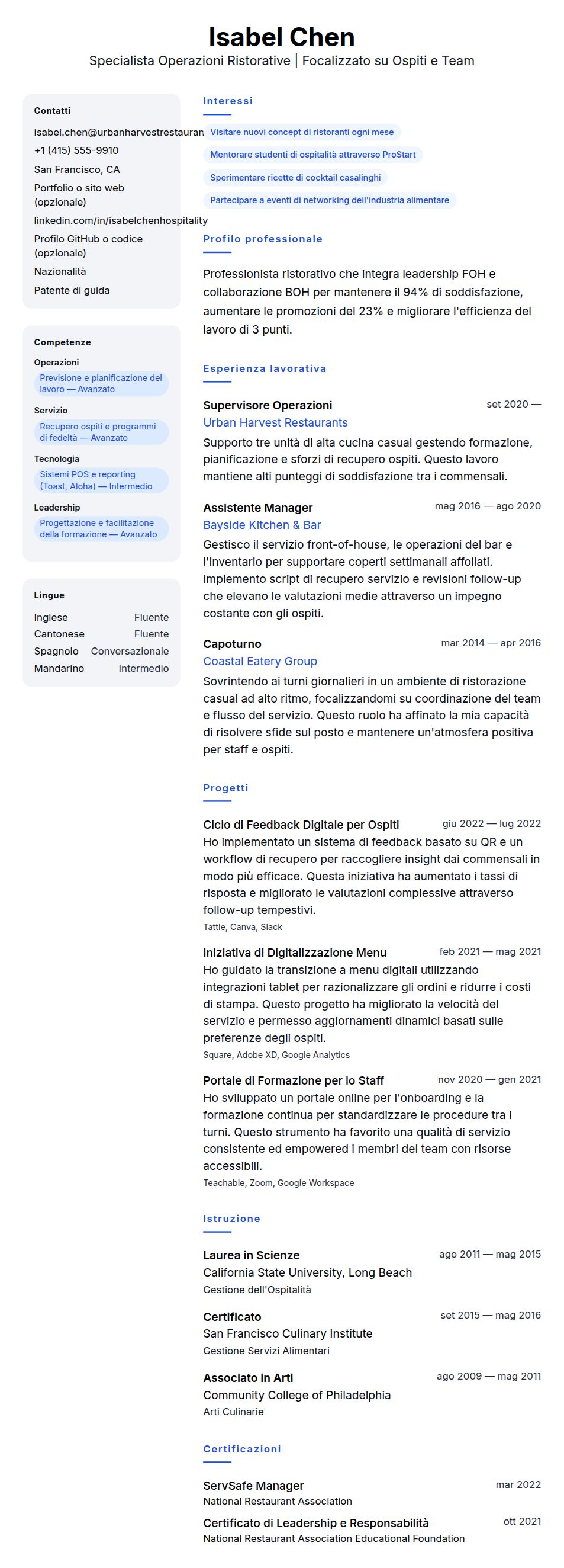 Anteprima del curriculum Esempio di Curriculum per Professionista Ristorativo