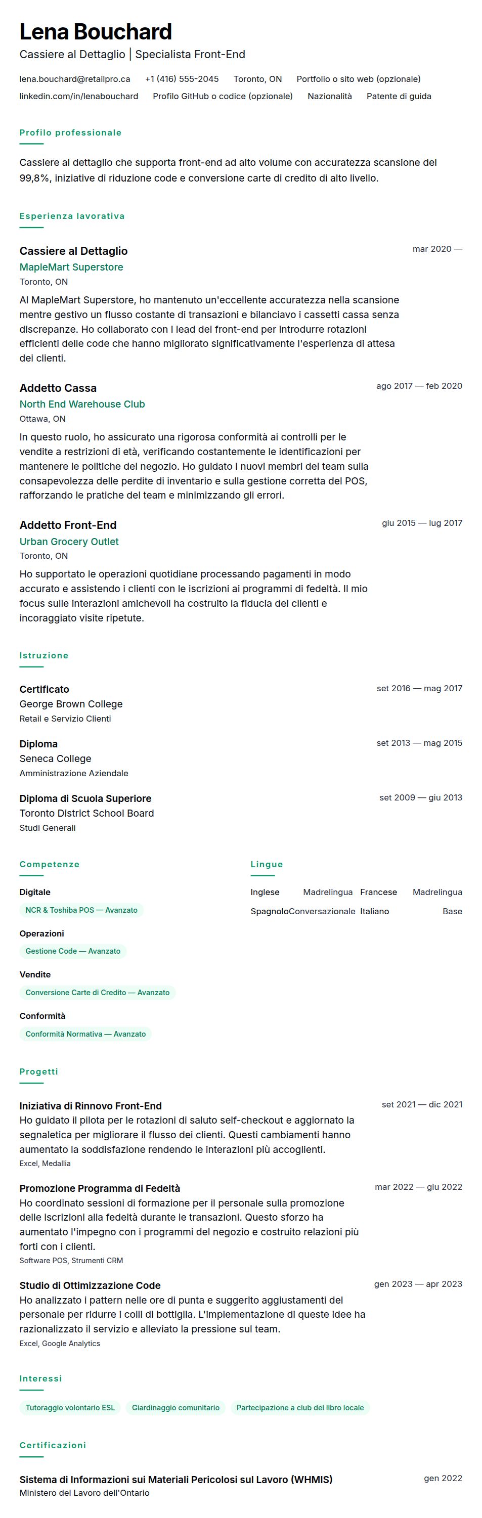 Anteprima del curriculum Esempio di Curriculum per Cassiere al Dettaglio