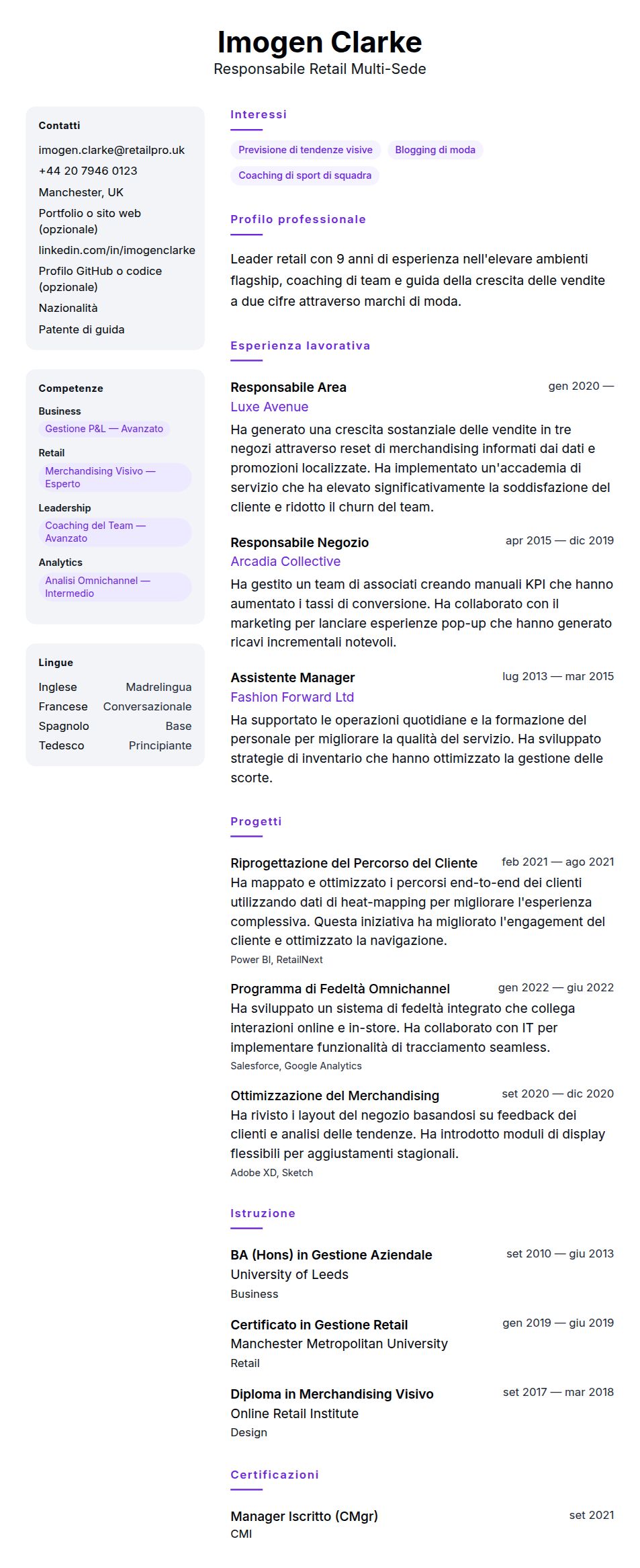 Anteprima del curriculum Esempio di Curriculum per Responsabile Vendite al Dettaglio