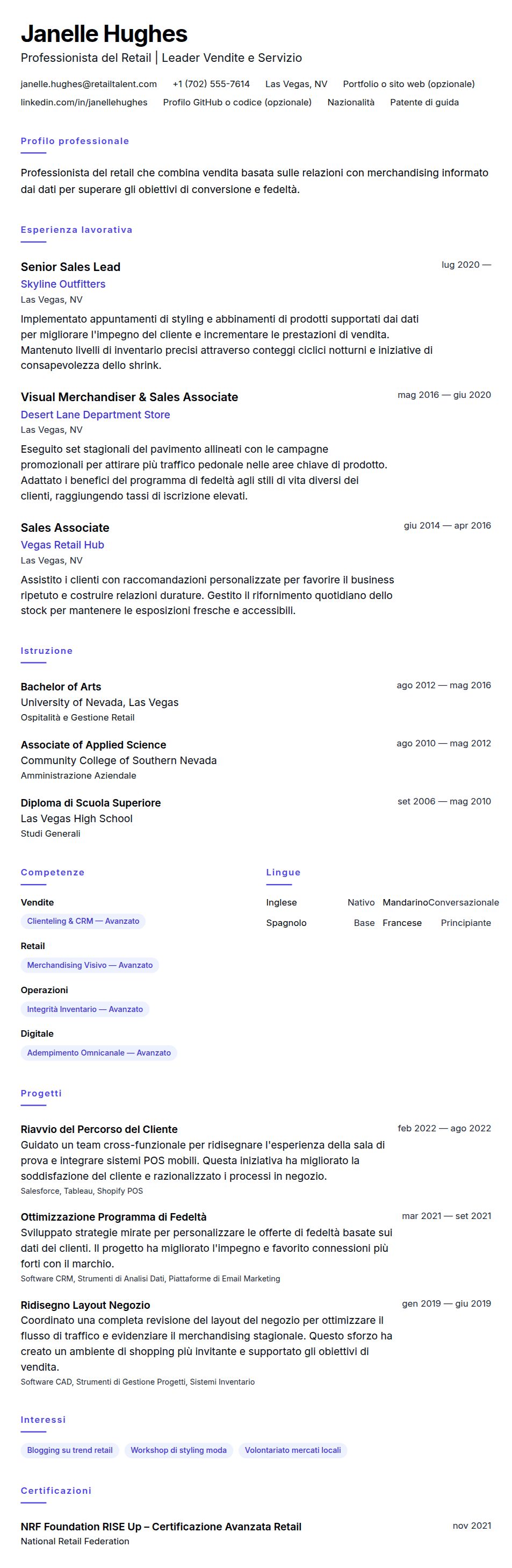 Esempio di Curriculum per Professionista del Retail