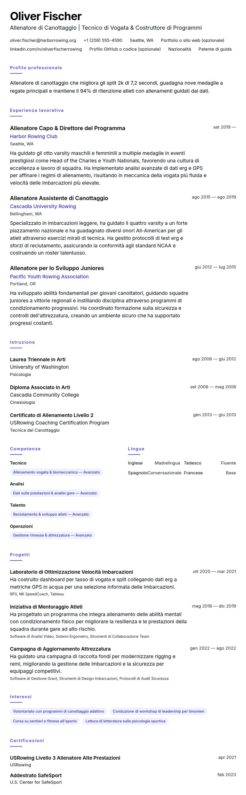 Anteprima del curriculum Esempio di Curriculum Allenatore di Canottaggio