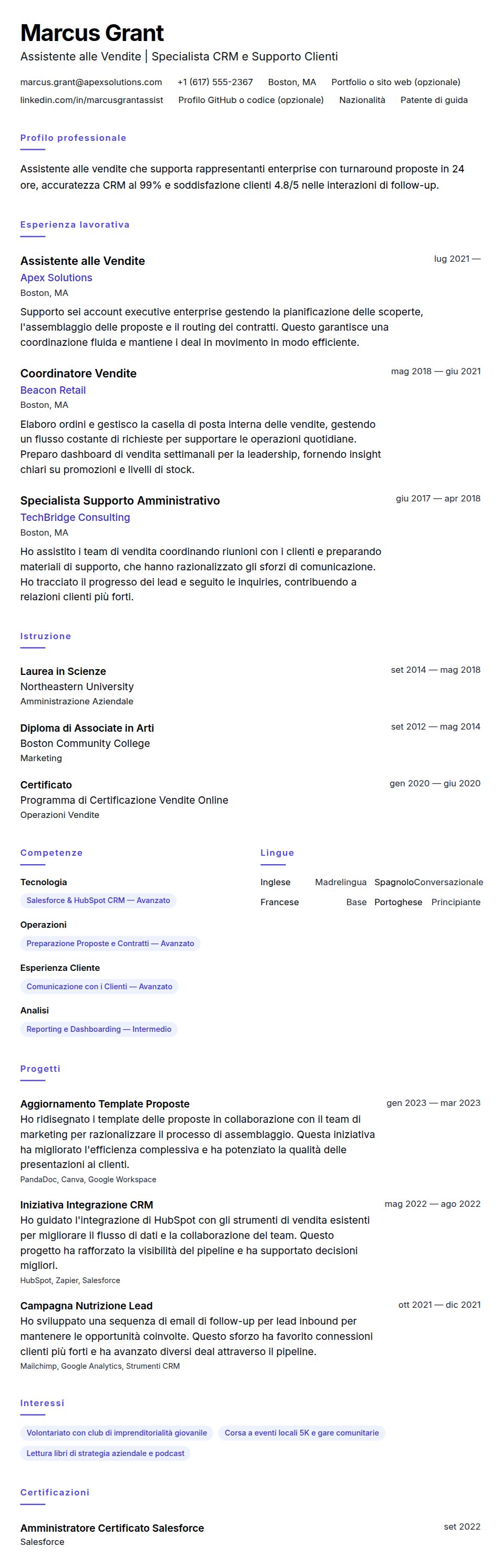 Anteprima del curriculum Esempio di Curriculum per Assistente alle Vendite