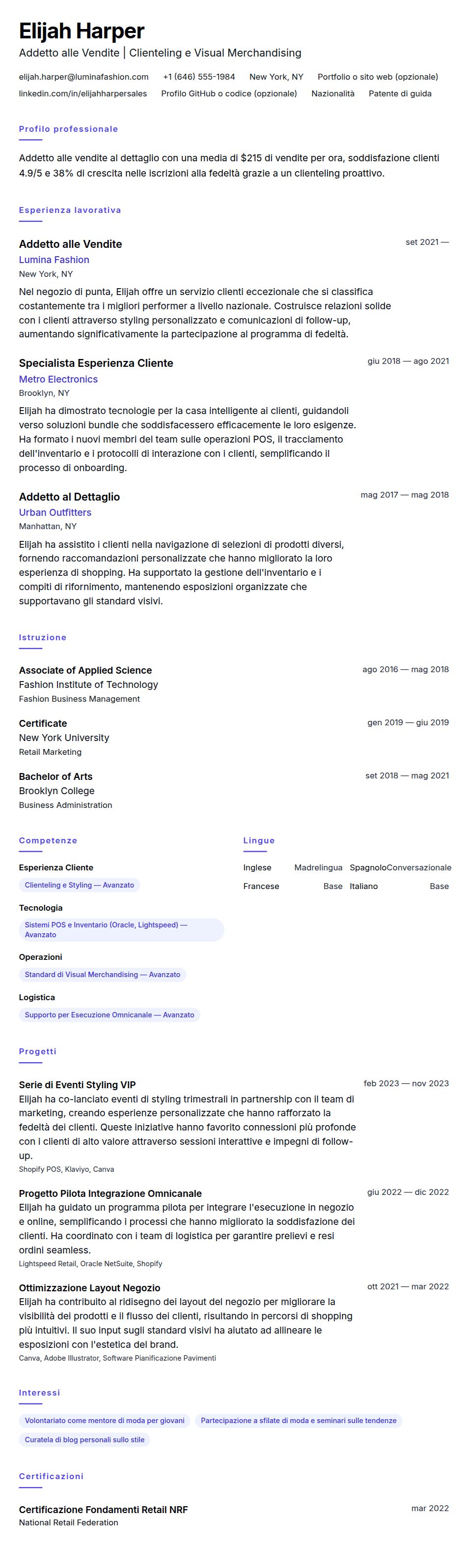 Esempio di Curriculum per Addetto alle Vendite