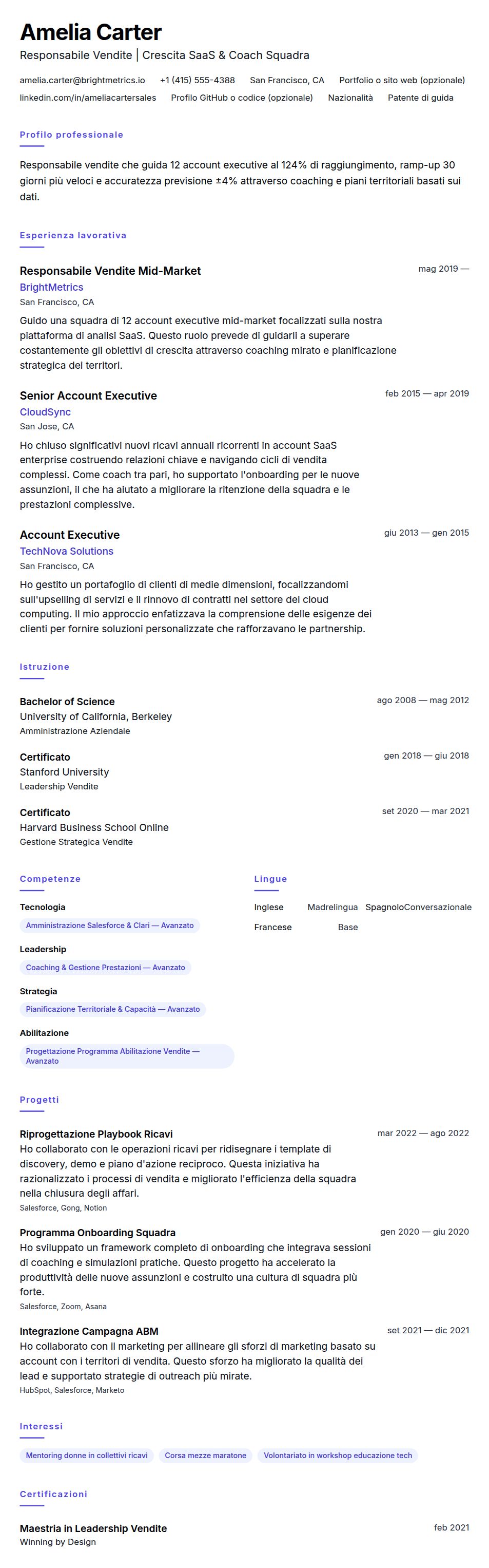 Esempio di Curriculum Vitae per Responsabile Vendite