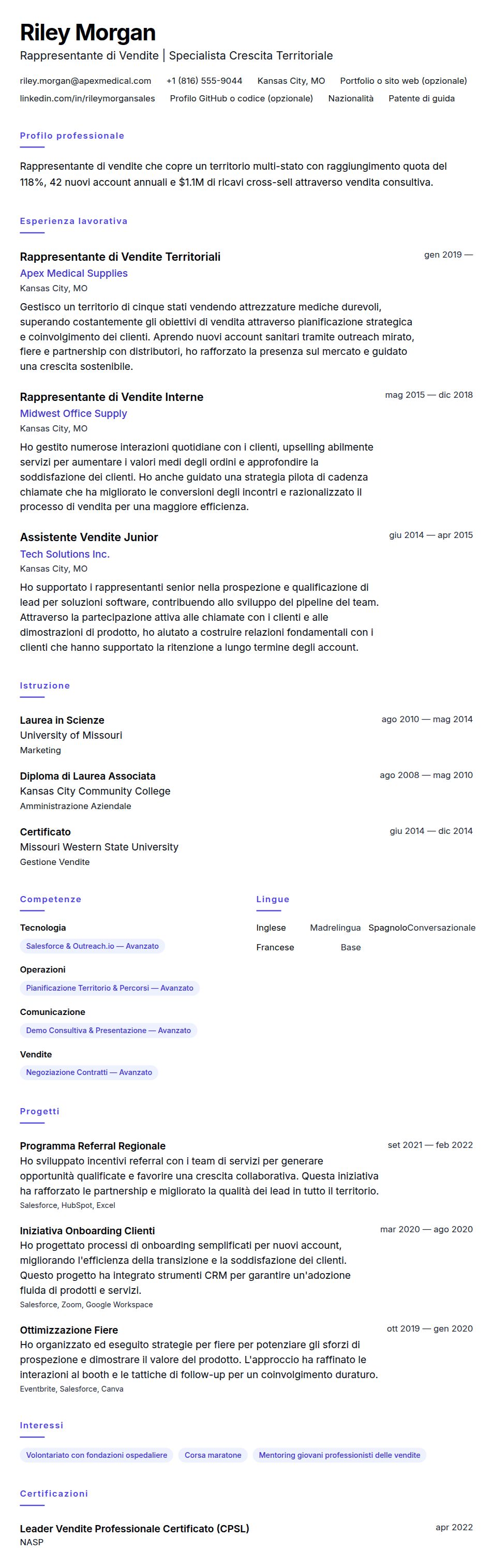 Anteprima del curriculum Esempio di Curriculum Rappresentante di Vendite