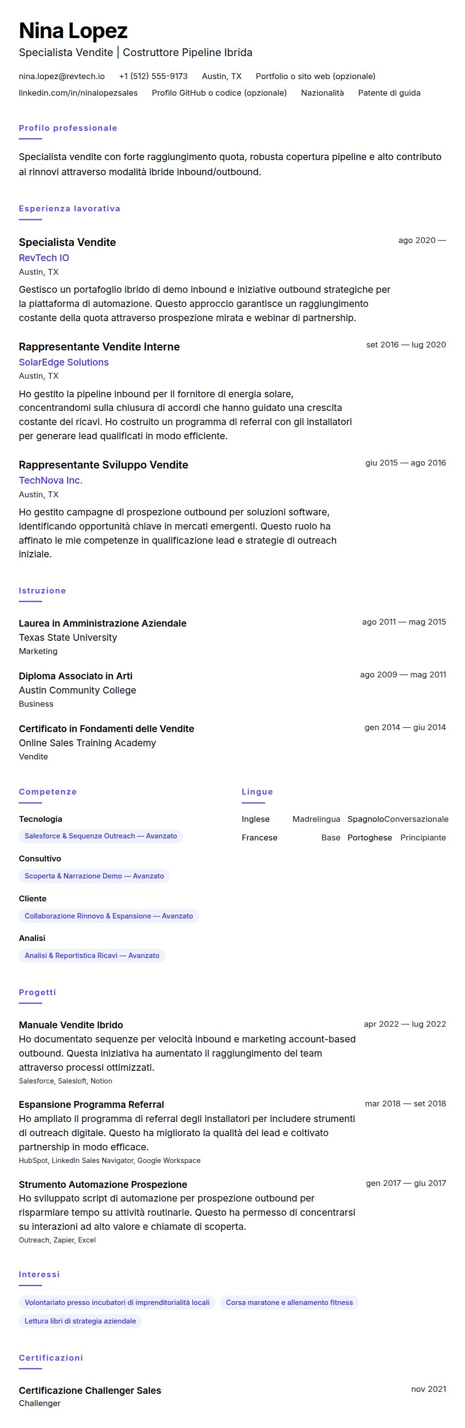 Anteprima del curriculum Esempio di Curriculum Specialista Vendite
