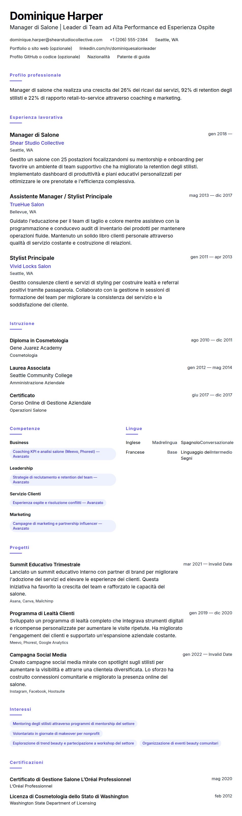 Anteprima del curriculum Esempio di Curriculum Manager di Salone