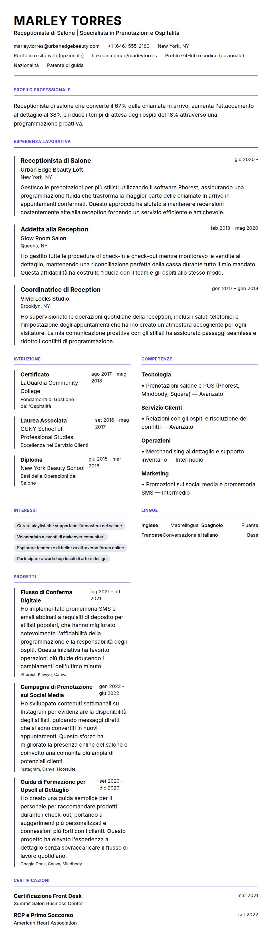 Anteprima del curriculum Esempio di Curriculum Receptionista di Salone