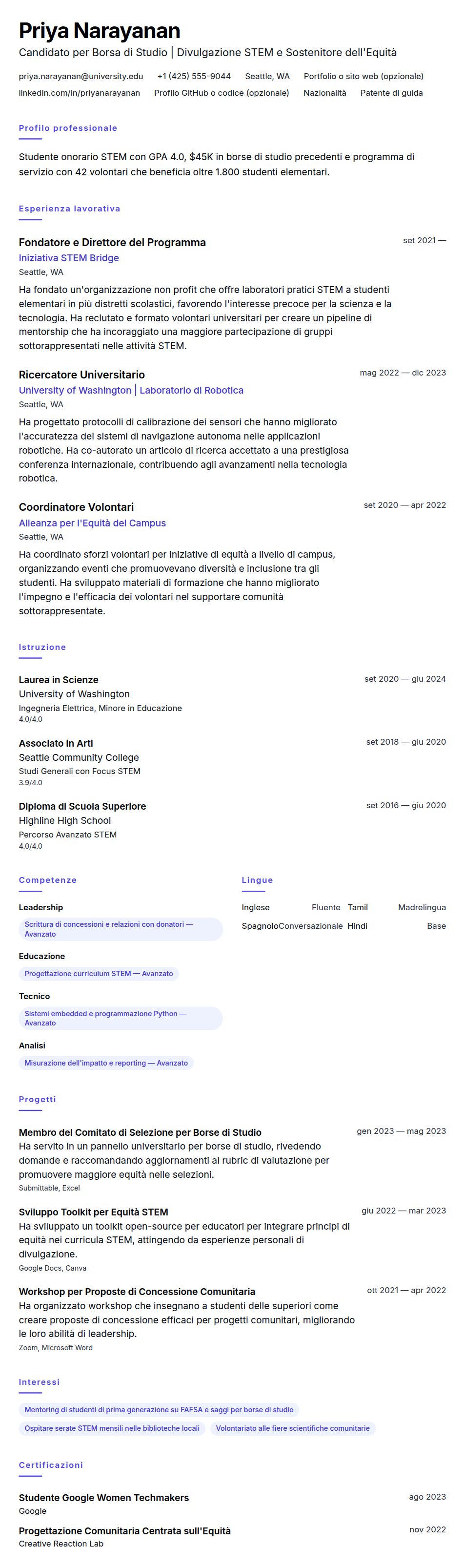 Anteprima del curriculum Esempio di Curriculum per Borse di Studio
