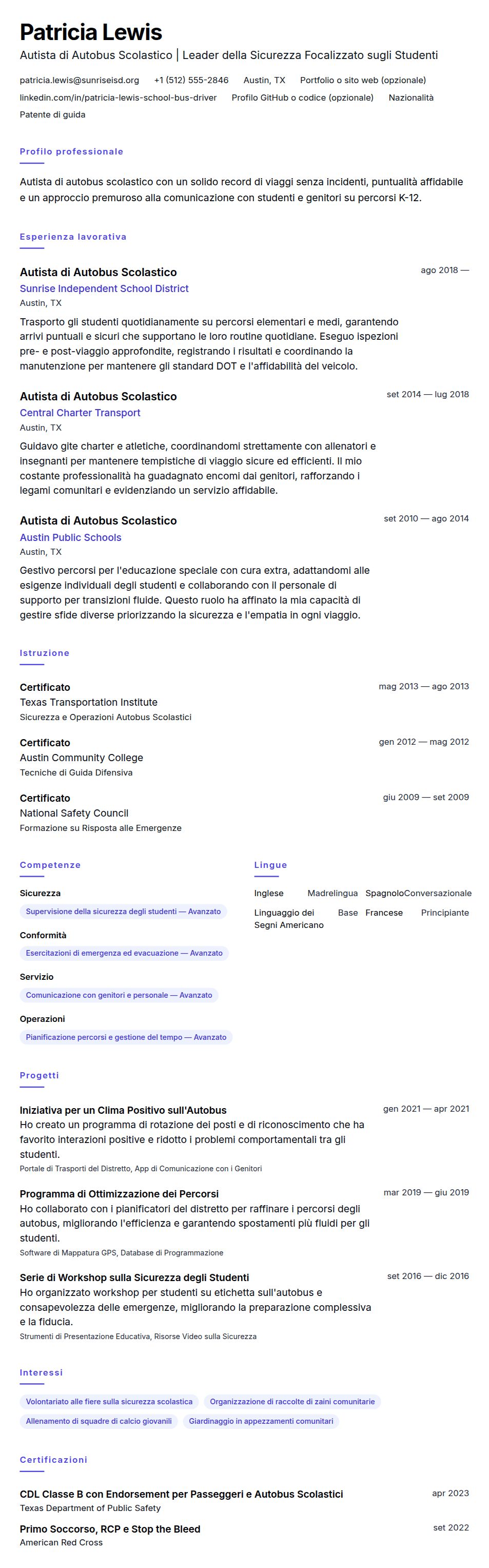 Anteprima del curriculum Esempio di Curriculum per Autista di Autobus Scolastico