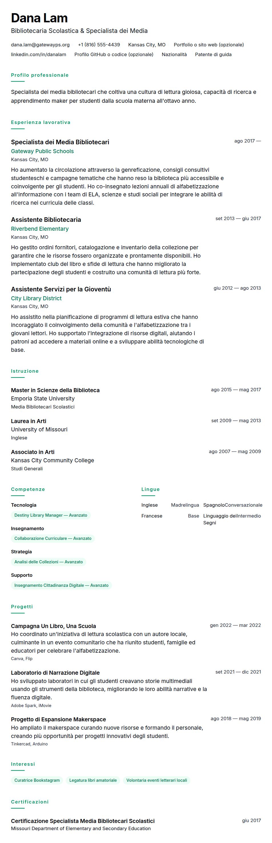 Anteprima del curriculum Esempio di Curriculum Vitae per Bibliotecario