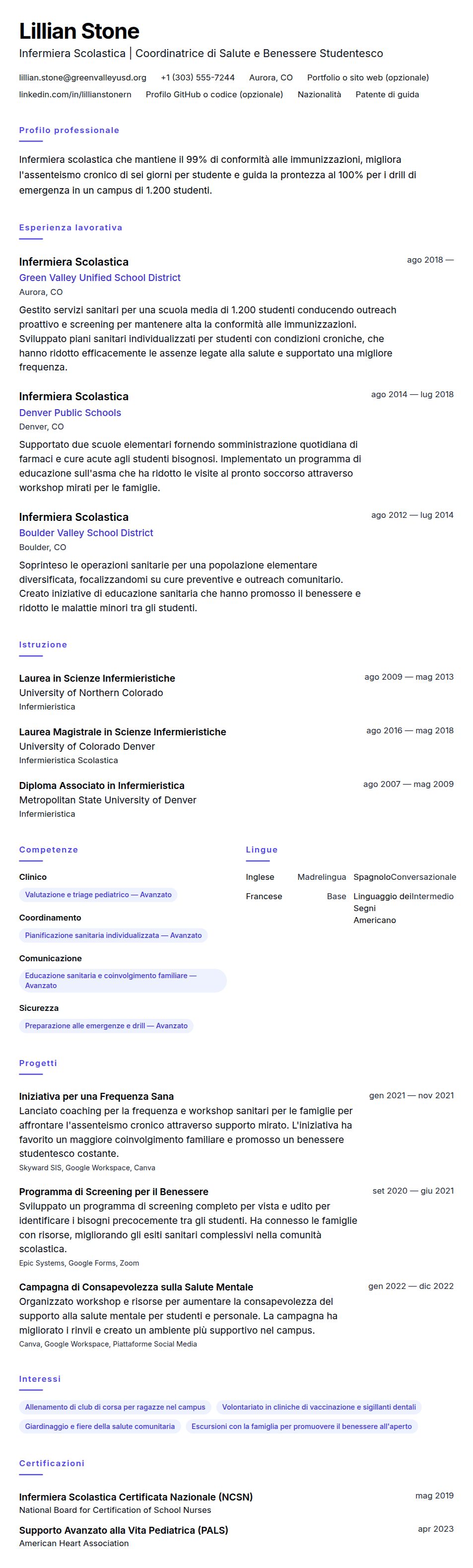 Anteprima del curriculum Esempio di Curriculum Vitae per Infermiera Scolastica