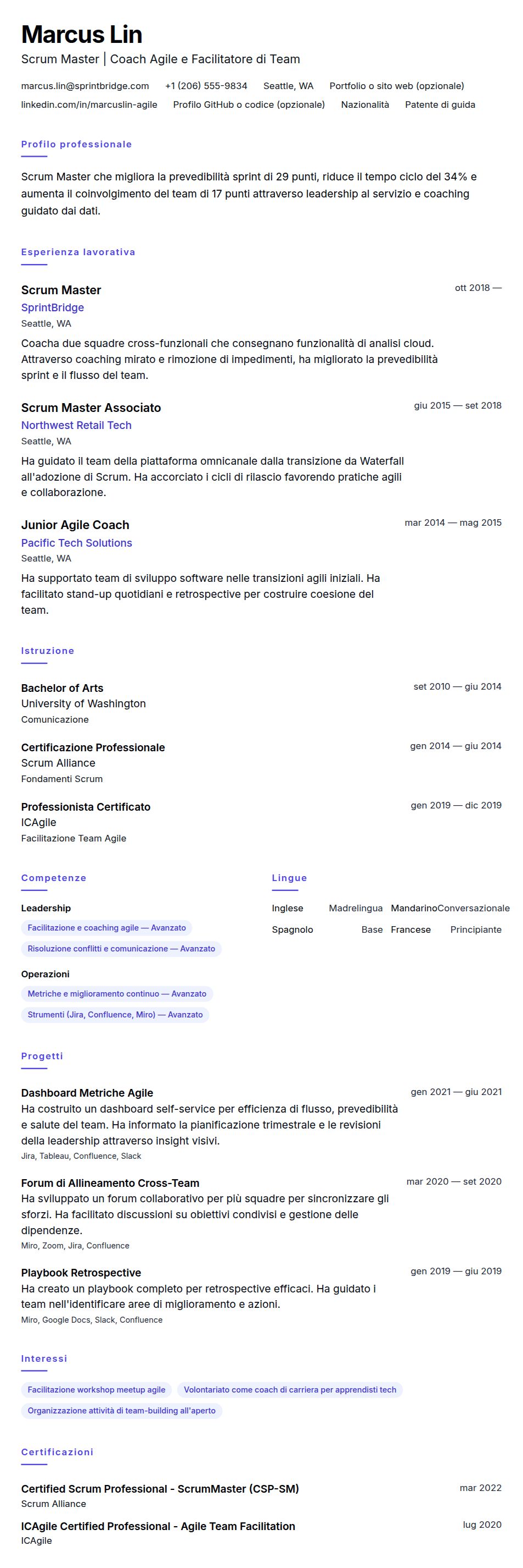 Anteprima del curriculum Esempio di Curriculum Vitae per Scrum Master