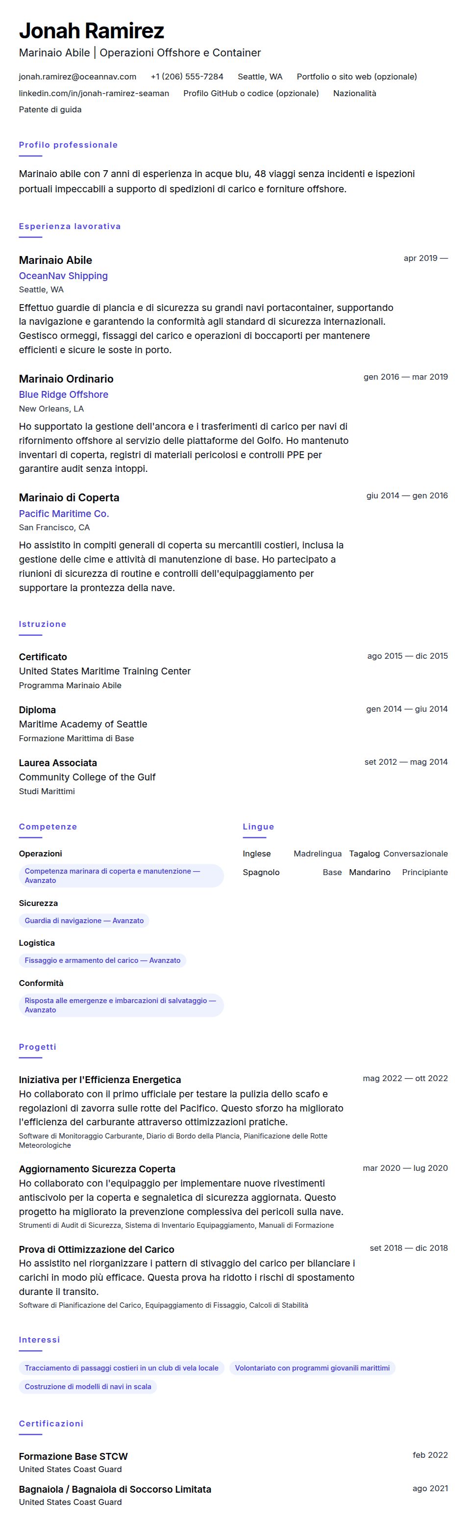 Anteprima del curriculum Esempio di Curriculum per Marinai
