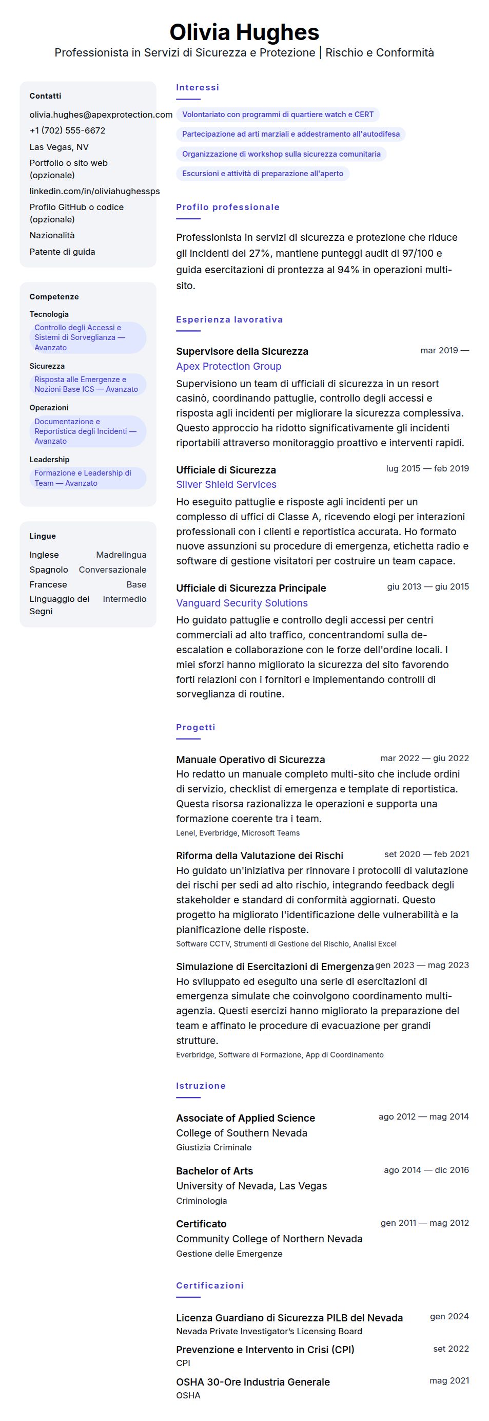 Esempio di Curriculum per Professionista in Servizi di Sicurezza e Protezione