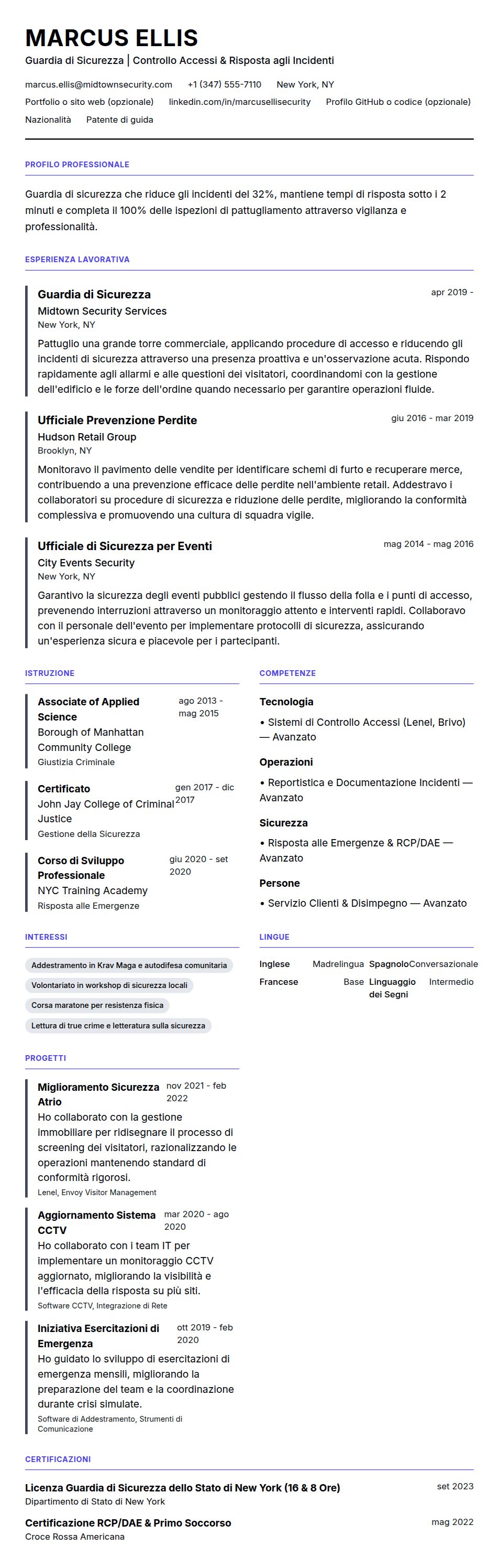Anteprima del curriculum Esempio di Curriculum per Guardia di Sicurezza