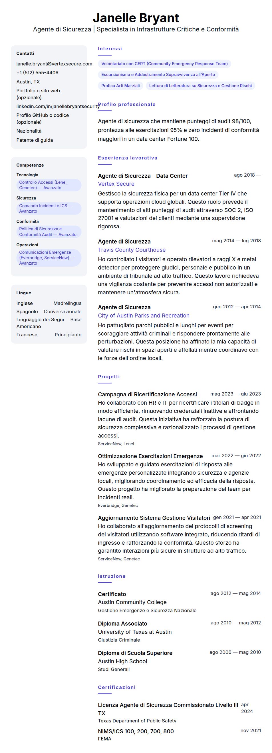 Anteprima del curriculum Esempio di Curriculum Agente di Sicurezza
