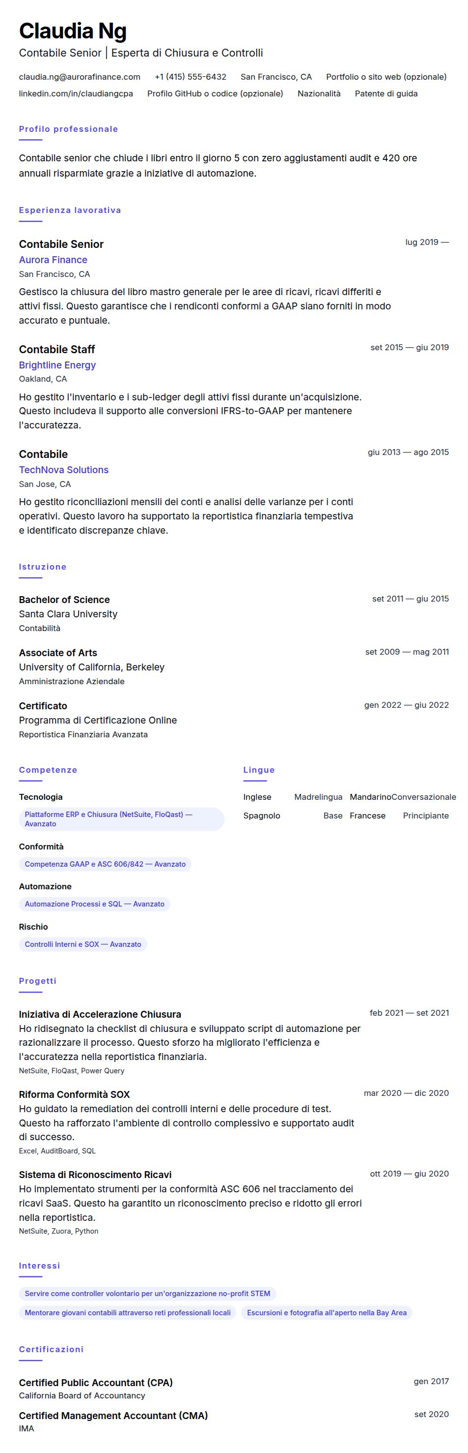 Anteprima del curriculum Esempio di Curriculum Vitae per Contabile Senior