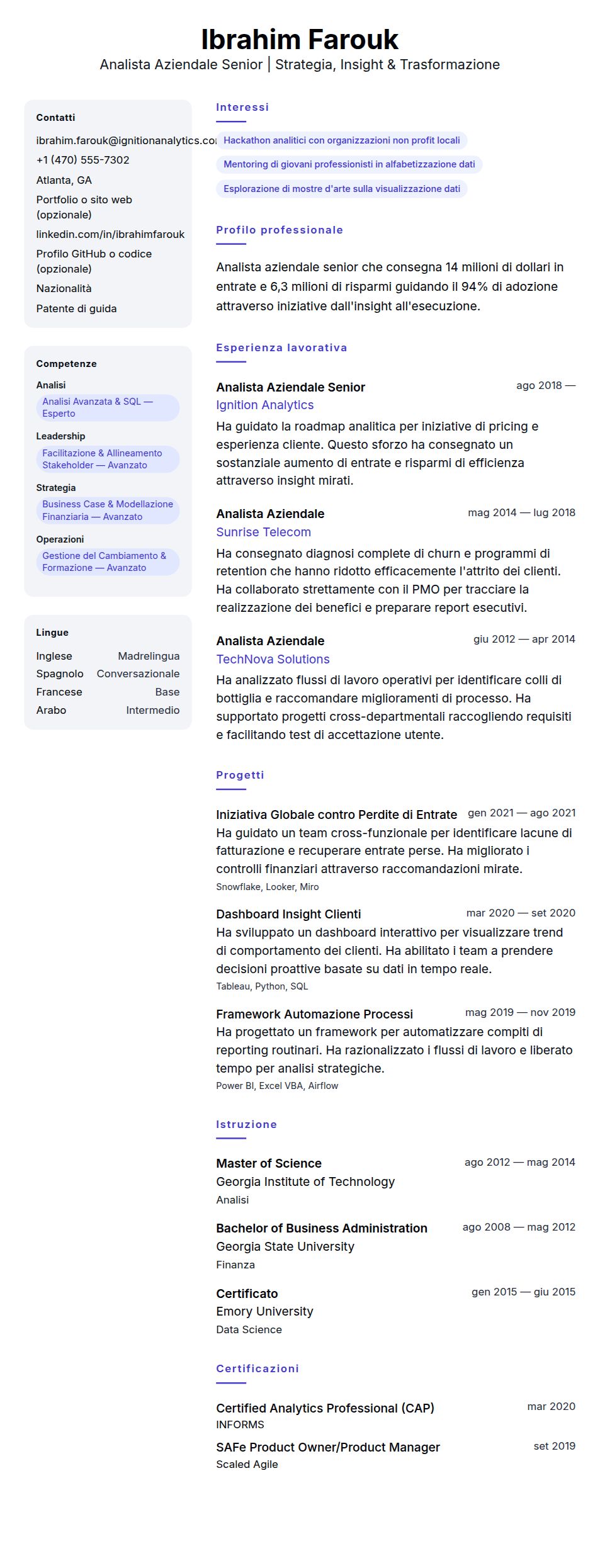 Anteprima del curriculum Esempio di Curriculum Vitae per Analista Aziendale Senior