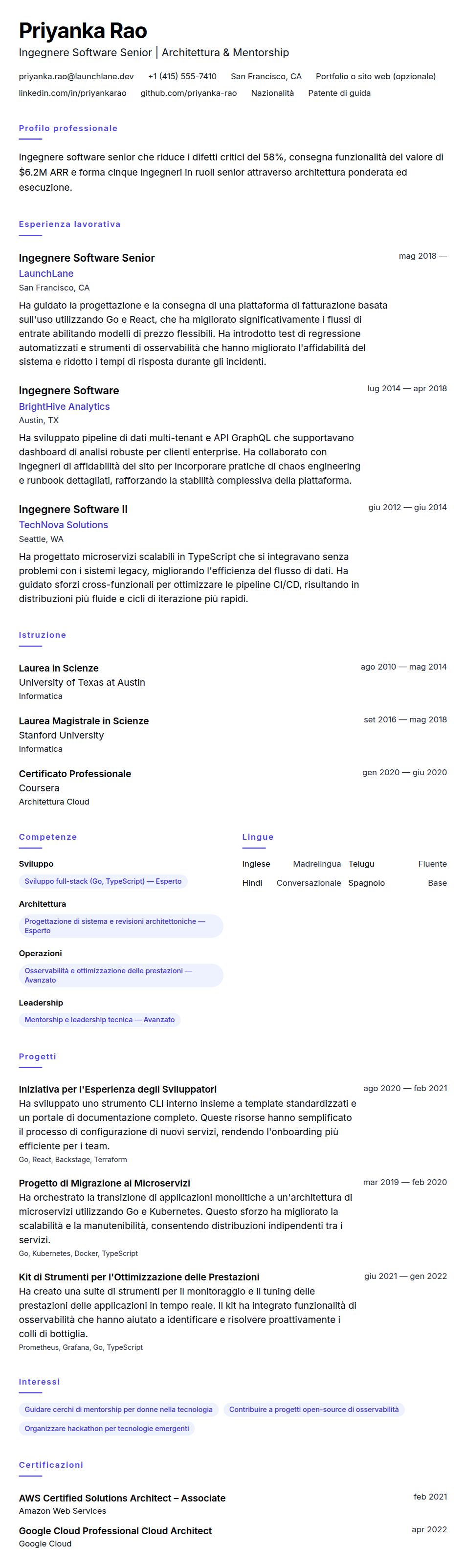 Anteprima del curriculum Esempio di Curriculum Vitae per Ingegnere Software Senior
