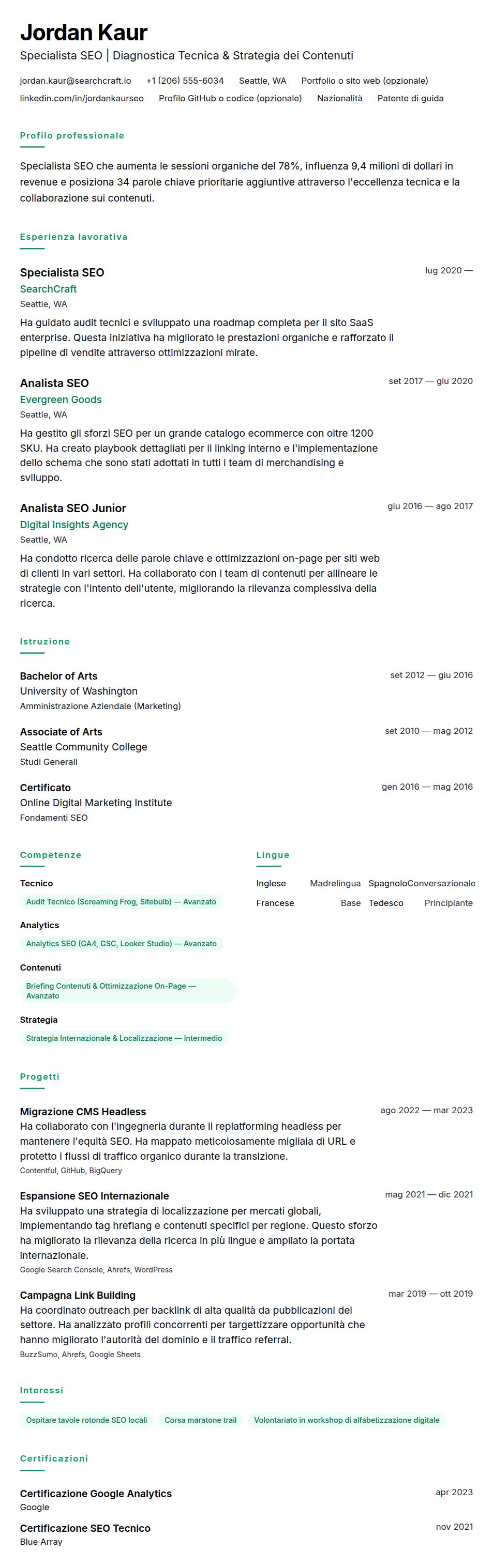 Anteprima del curriculum Esempio di Curriculum Specialista SEO
