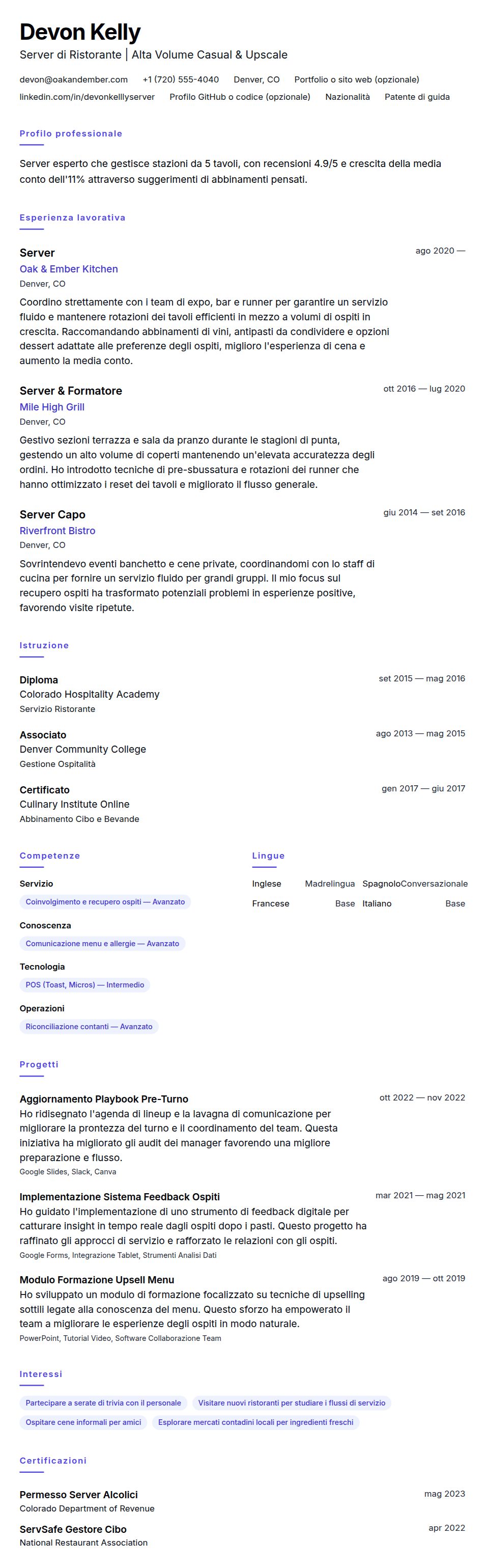 Anteprima del curriculum Esempio di Curriculum Server