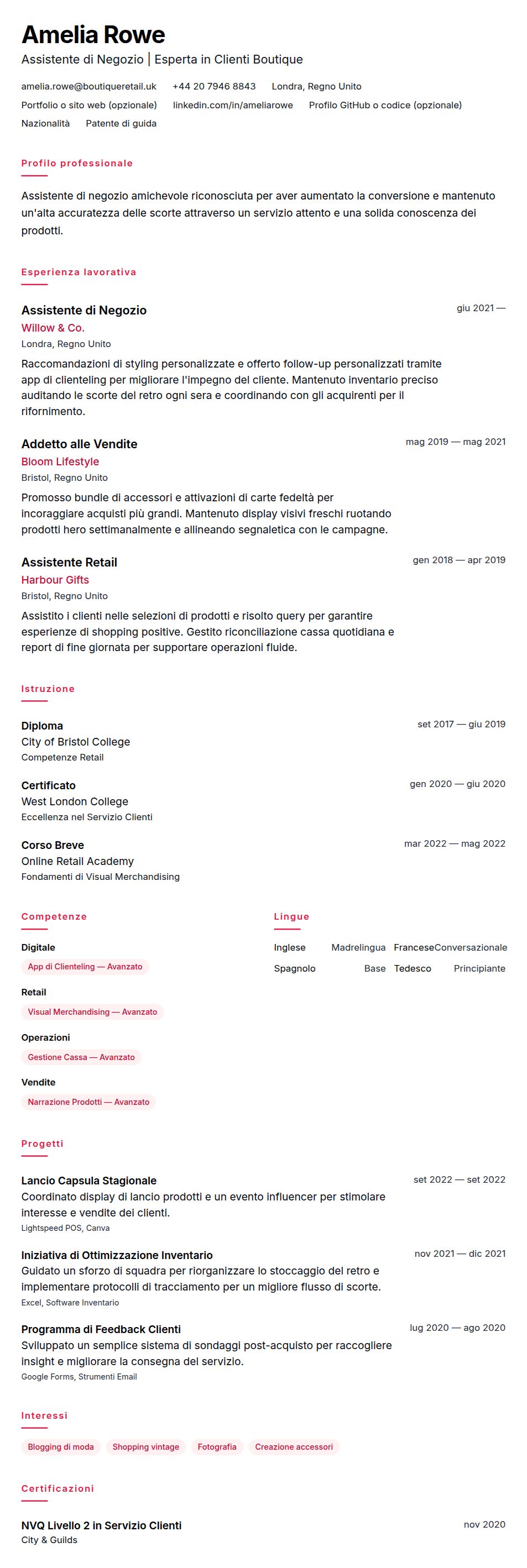 Anteprima del curriculum Esempio di Curriculum per Assistente di Negozio