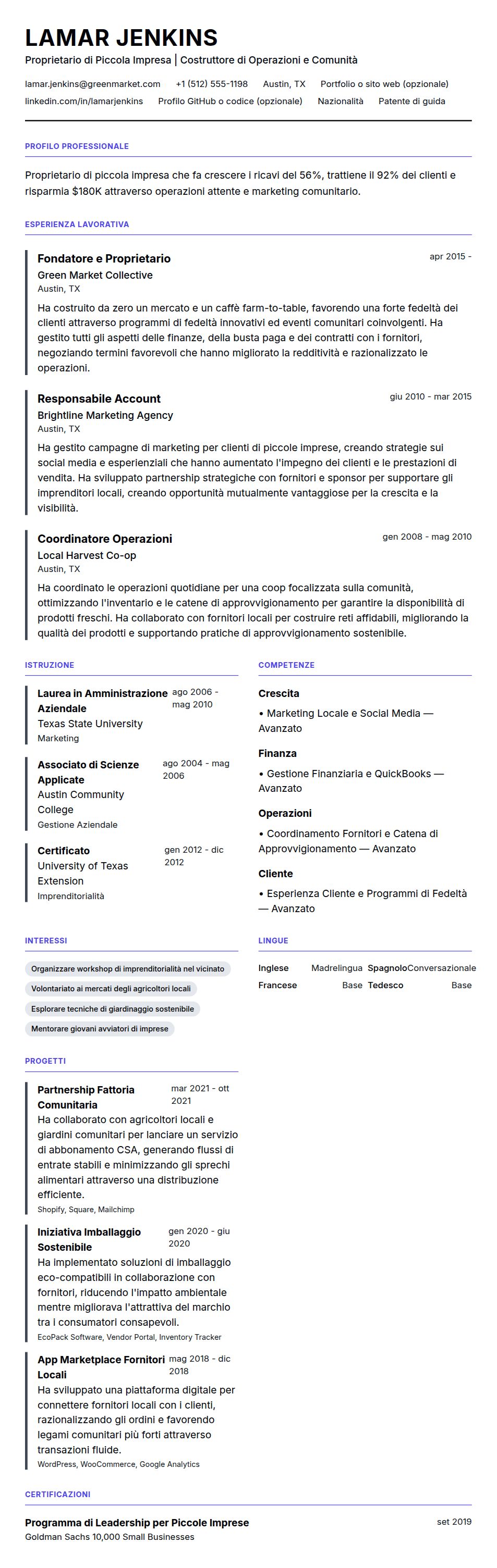 Anteprima del curriculum Esempio di Curriculum Vitae per Proprietario di Piccola Impresa