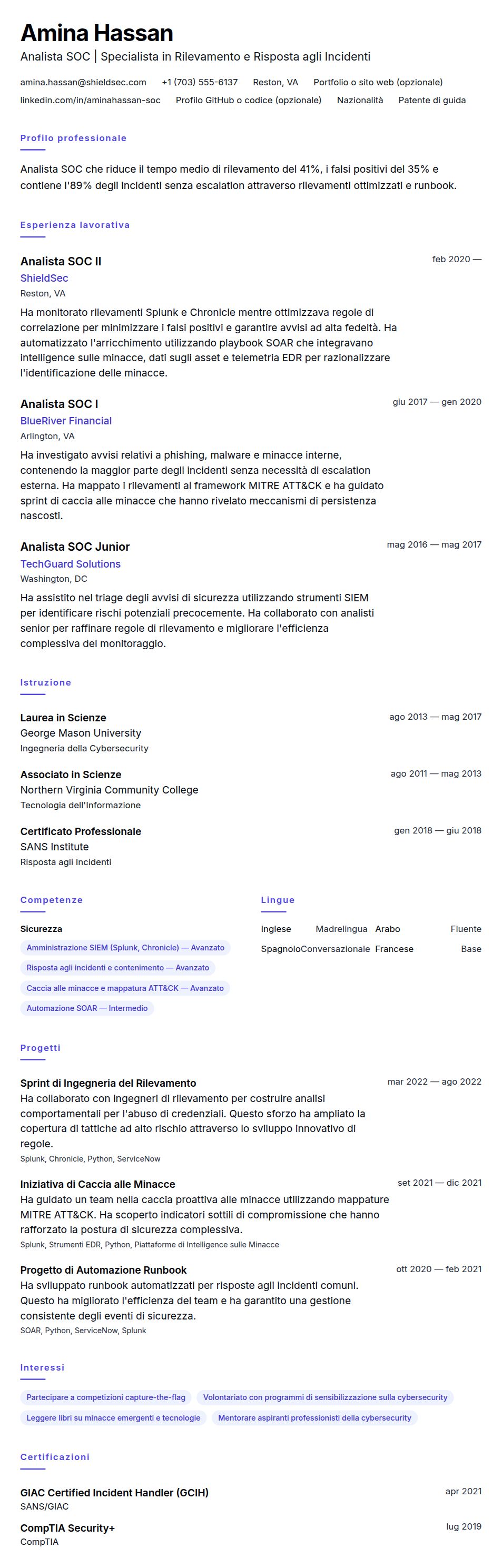 Anteprima del curriculum Esempio di Curriculum Analista SOC