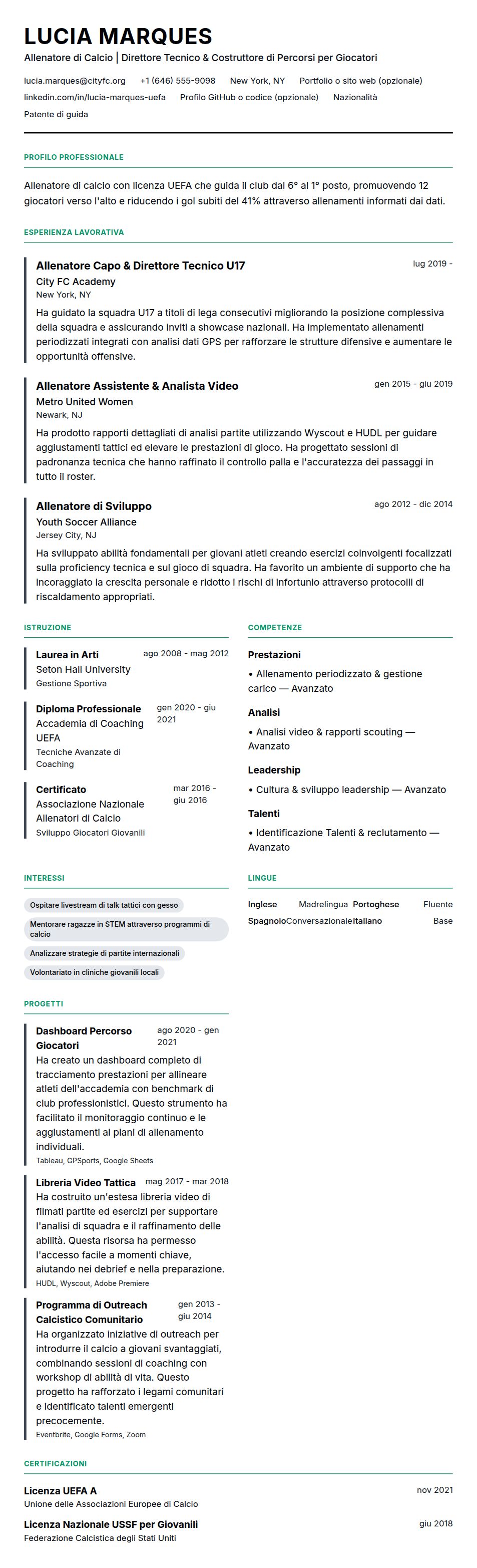 Anteprima del curriculum Esempio di Curriculum Allenatore di Calcio
