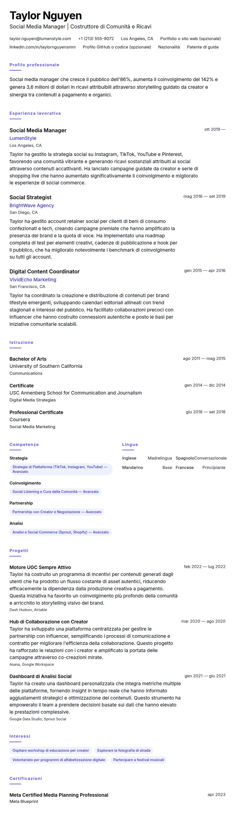 Anteprima del curriculum Esempio di Curriculum Vitae per Social Media Manager