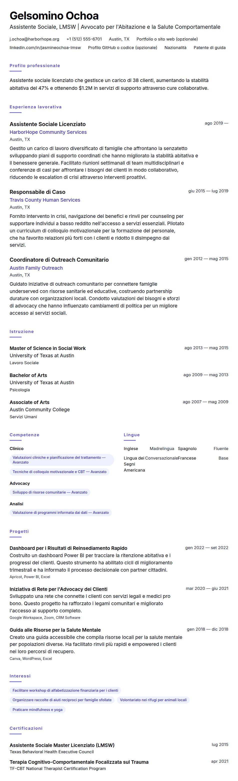Anteprima del curriculum Esempio di Curriculum Vitae per Assistente Sociale