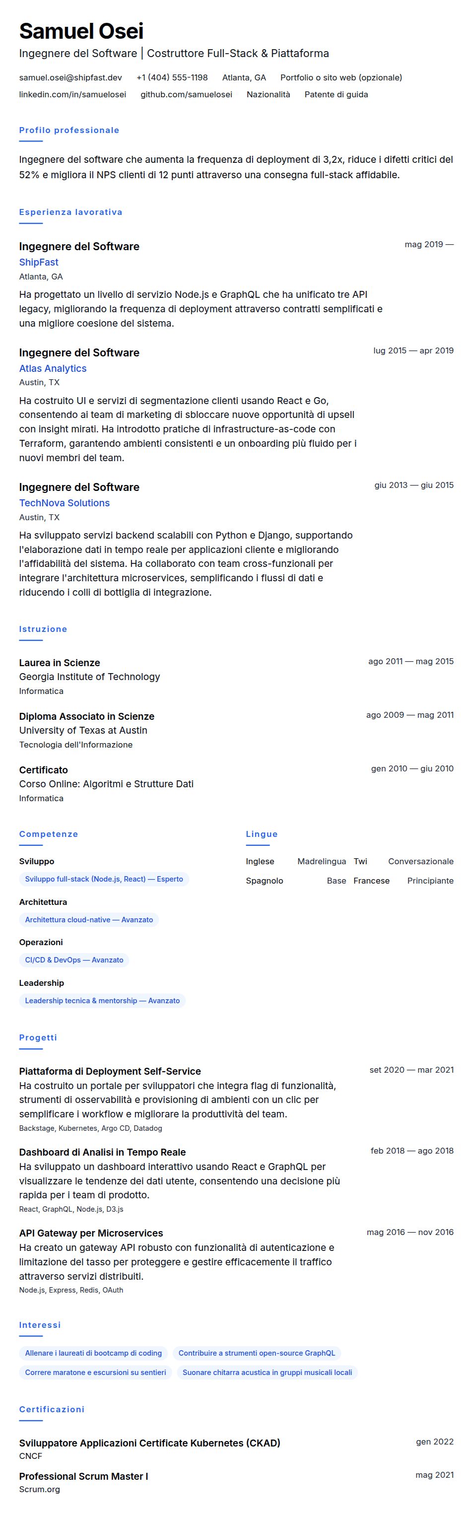 Anteprima del curriculum Esempio di Curriculum per Ingegnere del Software