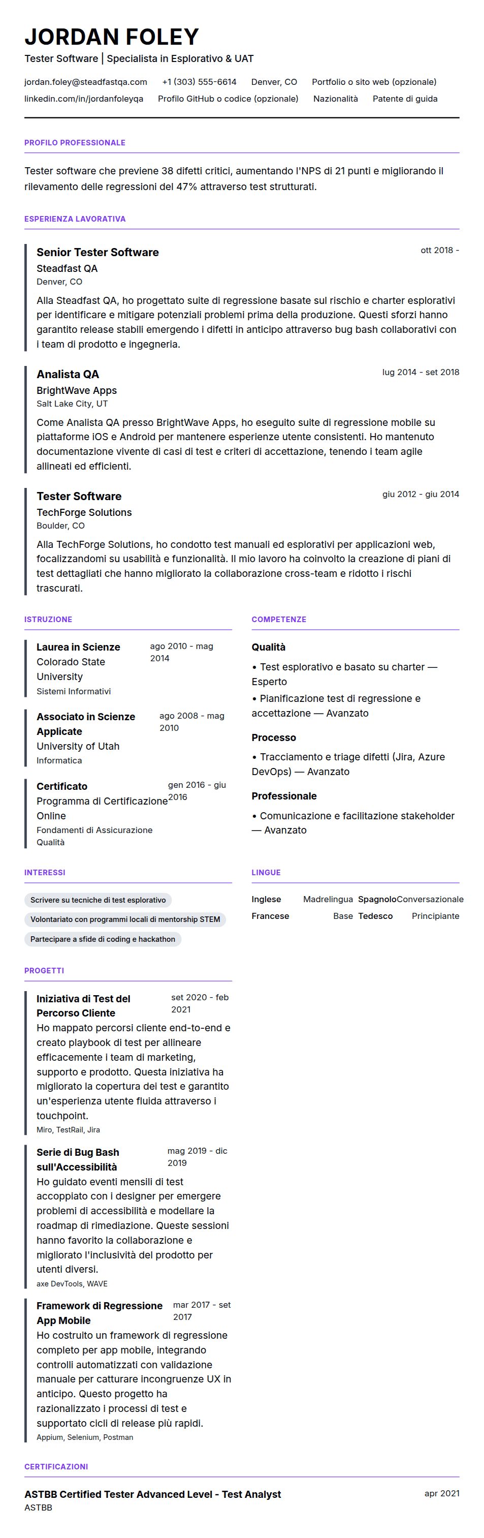 Anteprima del curriculum Esempio di Curriculum Tester Software