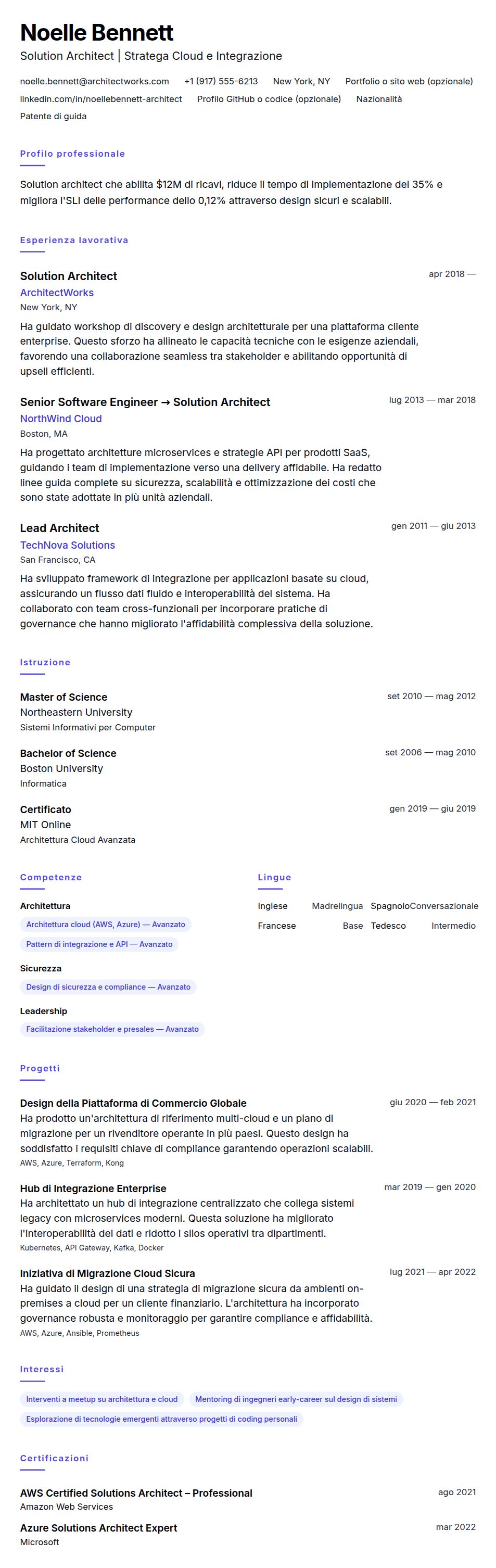 Anteprima del curriculum Esempio di Curriculum per Solution Architect