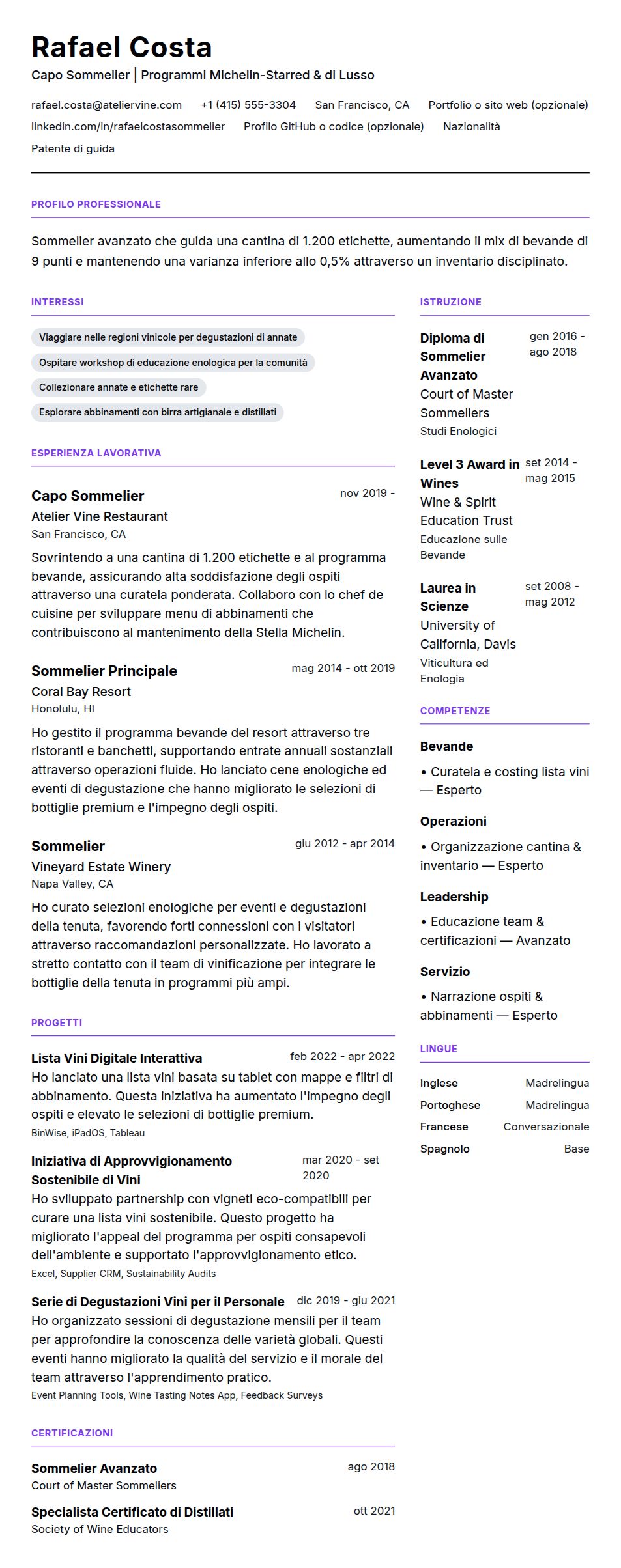 Anteprima del curriculum Esempio di Curriculum Sommelier