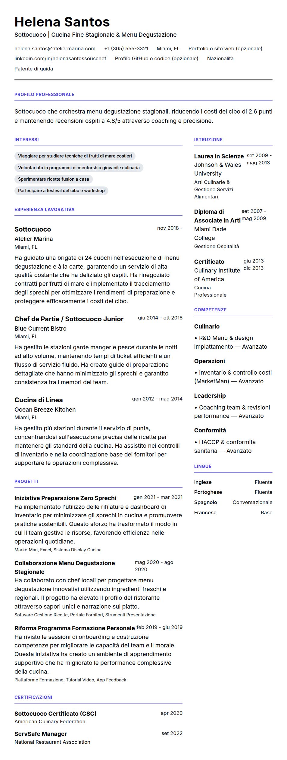 Anteprima del curriculum Esempio di Curriculum Sottocuoco