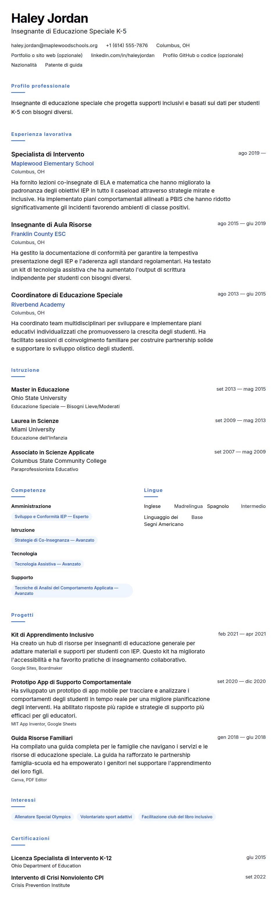 Anteprima del curriculum Esempio di Curriculum Insegnante di Educazione Speciale