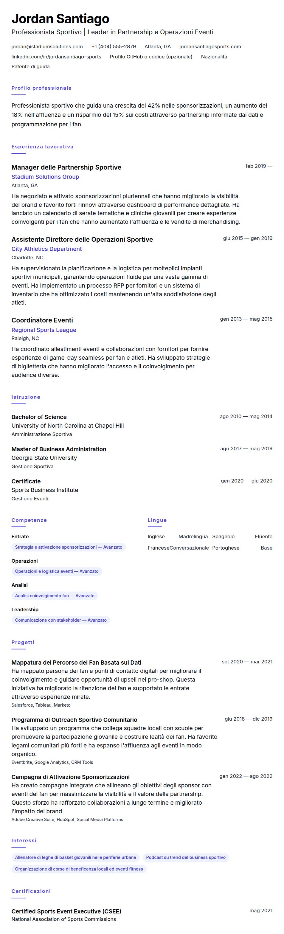 Anteprima del curriculum Esempio di Curriculum per Professionista Sportivo