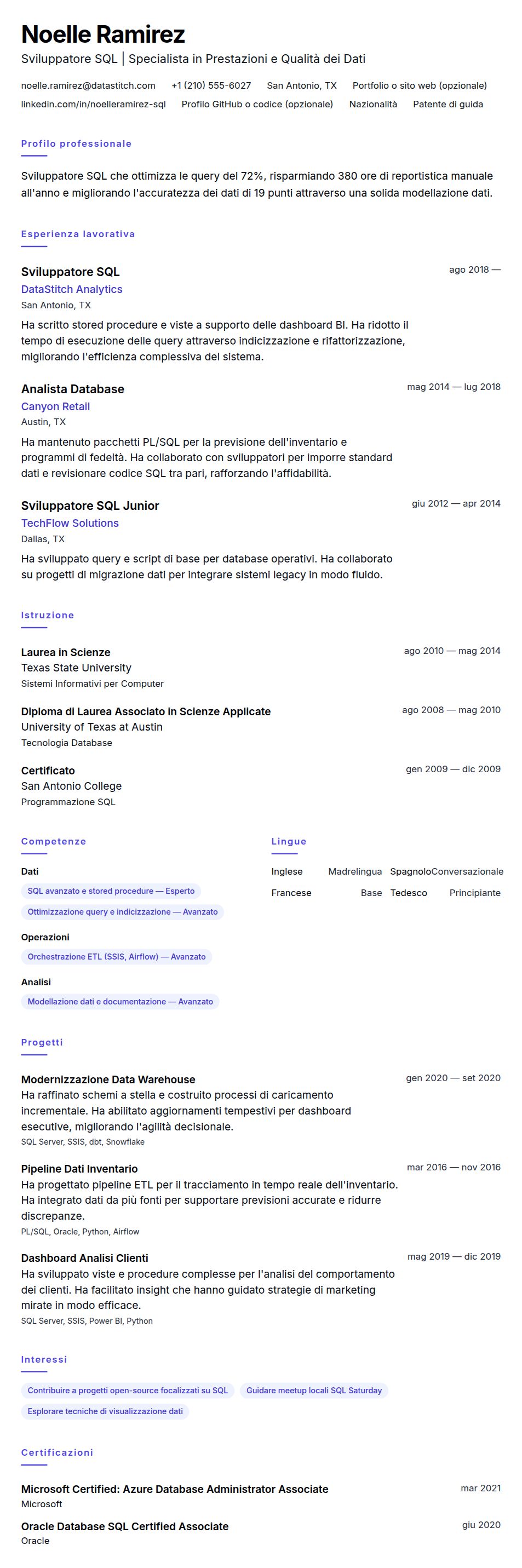 Anteprima del curriculum Esempio di Curriculum Sviluppatore SQL