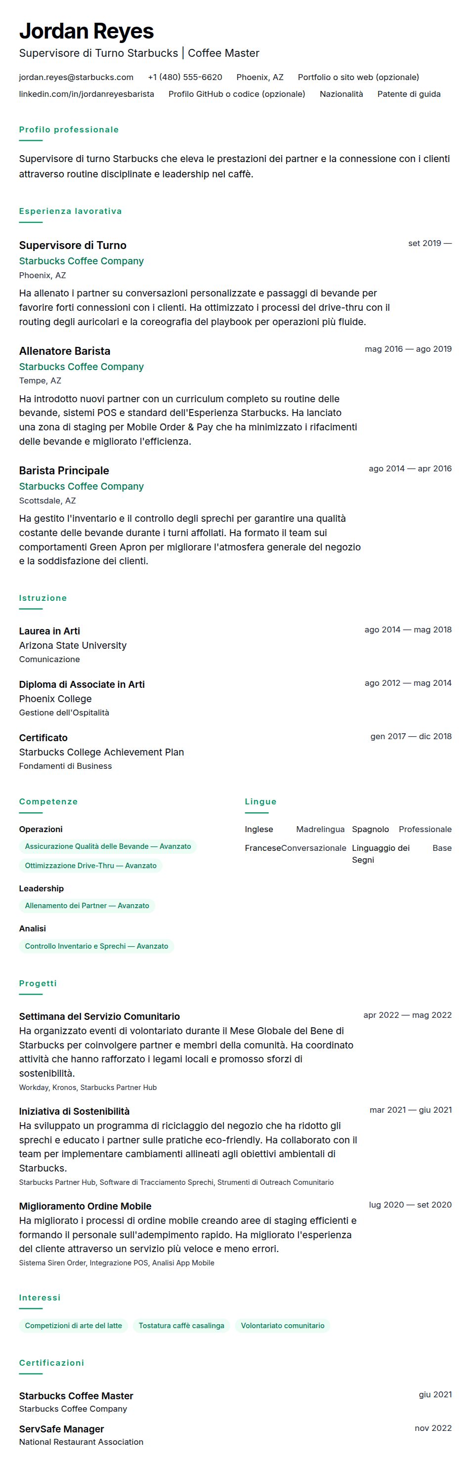 Anteprima del curriculum Esempio di Curriculum Supervisore di Turno Starbucks