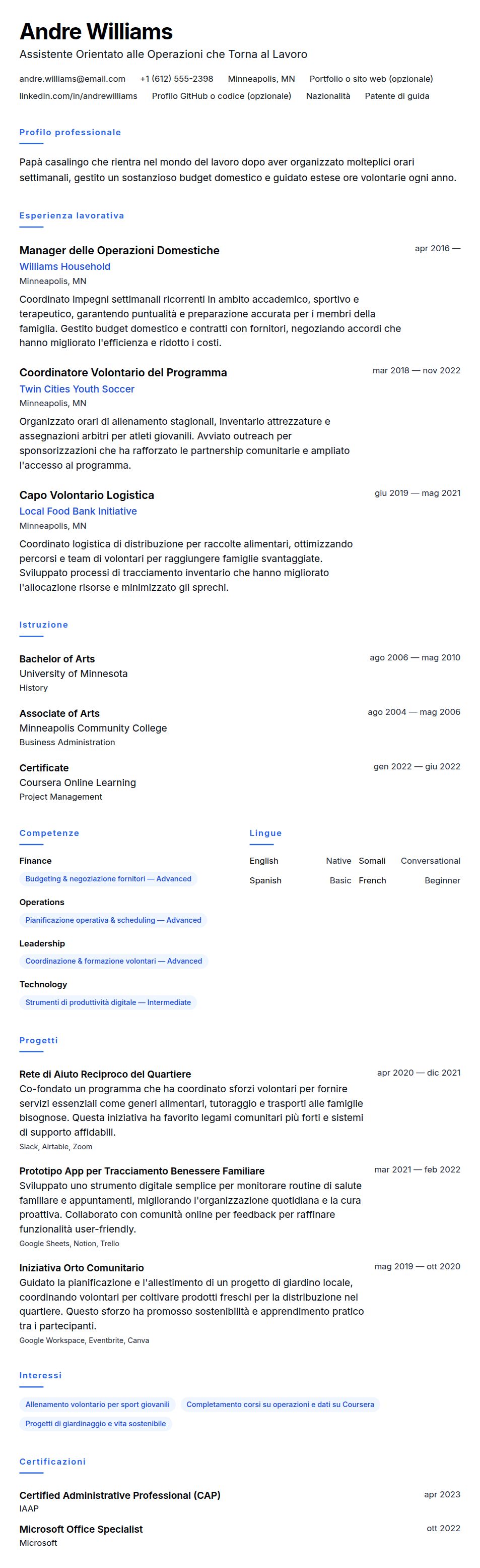Esempio di Curriculum per Papà Casalingo